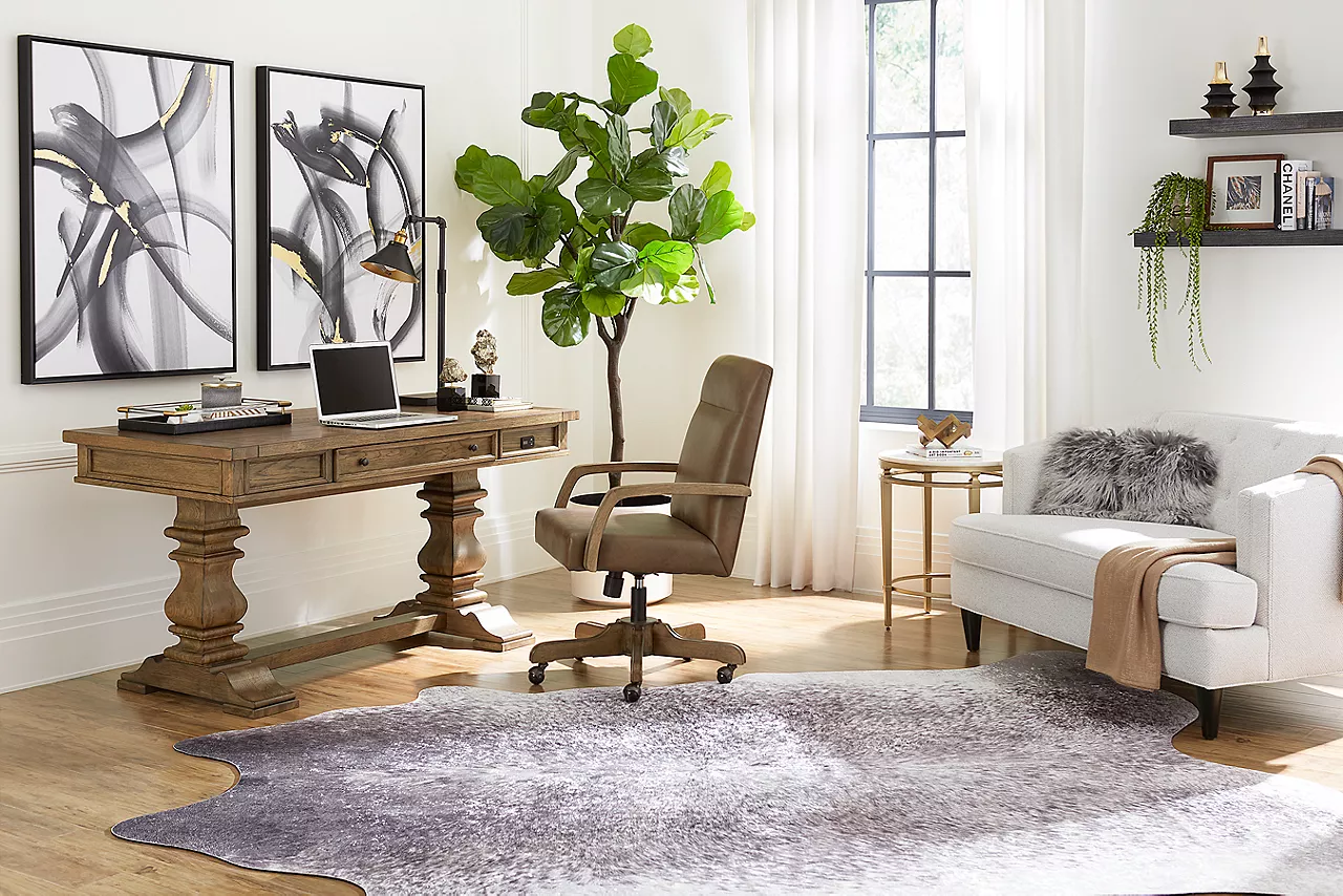 Avondale II Standing Desk and Desk Chair and Juniper Settee in Ewoks Natural in a room scene.